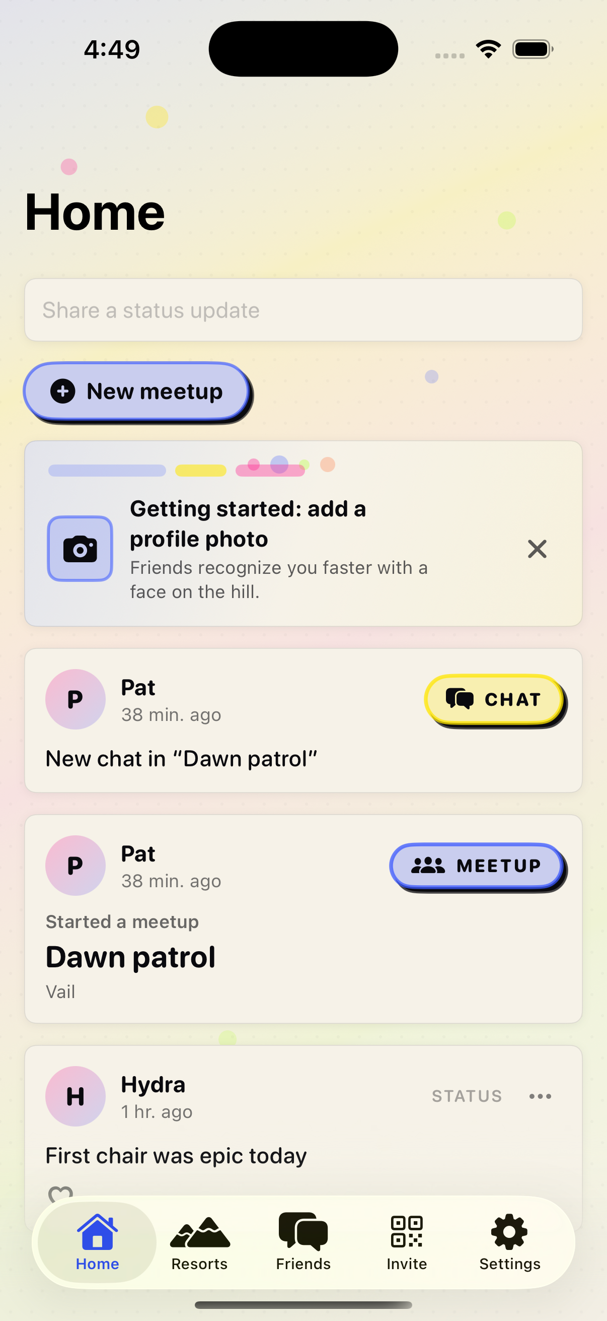HotLaps iOS app home screen showing a status field, a new meetup button, and recent ski meetup activity.